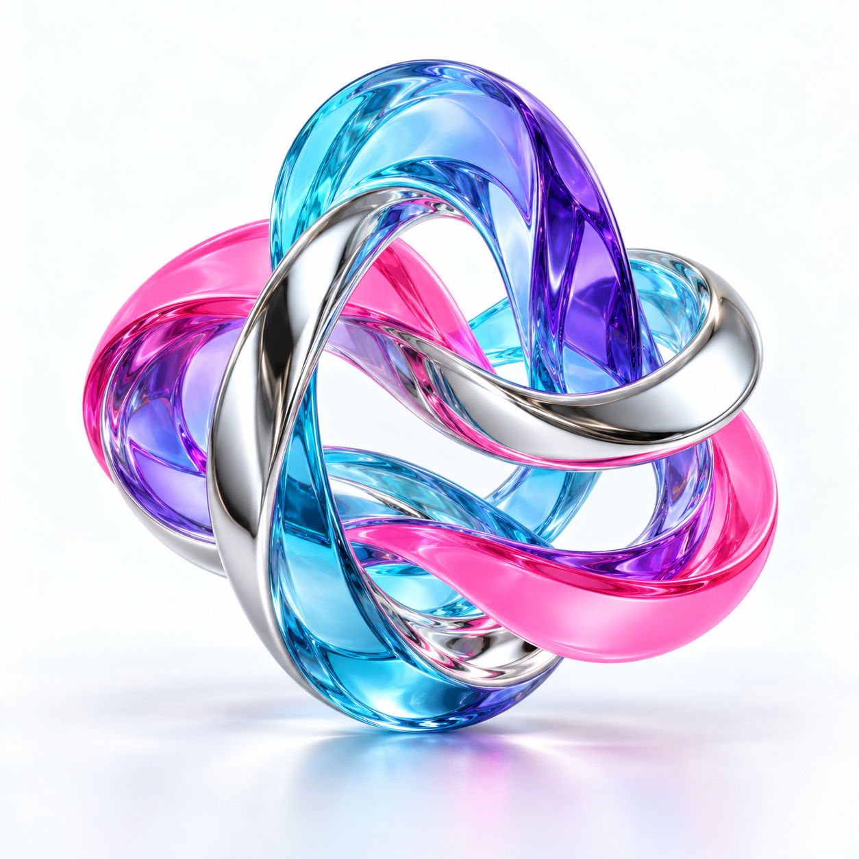 Vibrant cyan, violet, pink and silver glass sculpture in a bright studio